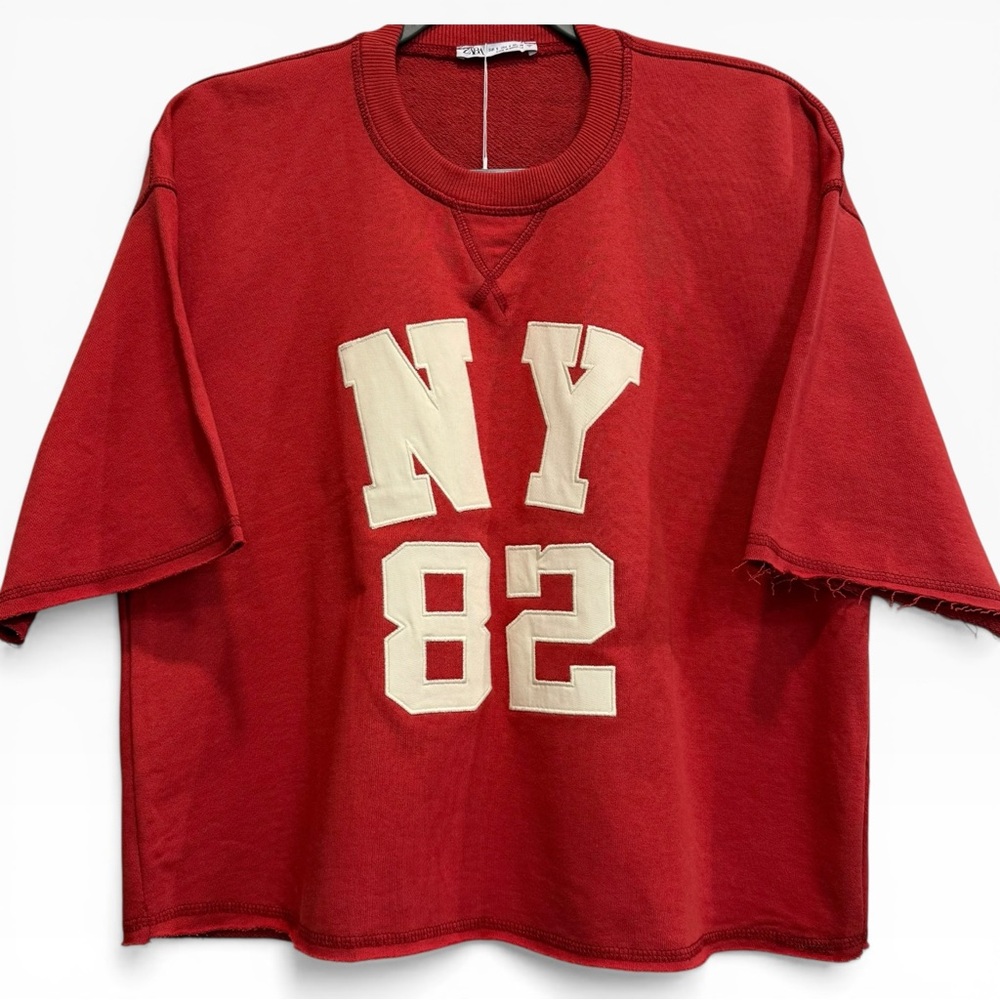 NWT Zara NY 82 New York VARSITY PLUSH Oversized Red White Patch SWEATSHIRT Small
